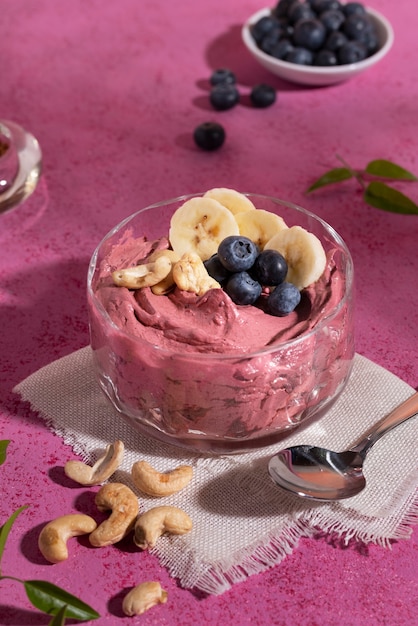 still life of cup of brazilian acai dessert