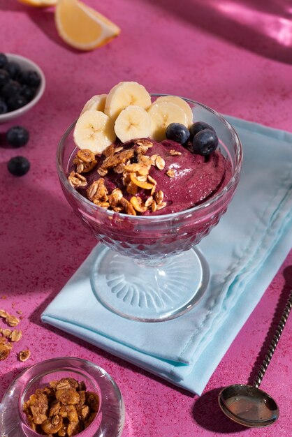 still life of cup of brazilian acai dessert