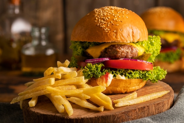 Still life of delicious american hamburger