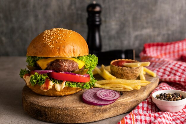 Still life of delicious american hamburger