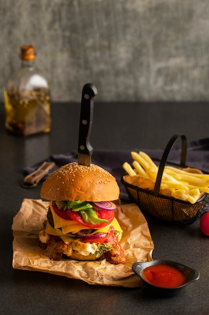 Still life of delicious american hamburger