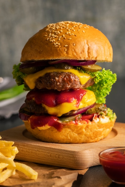 Still life of delicious american hamburger