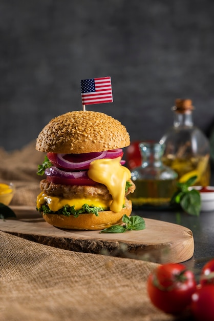 Still life of delicious american hamburger