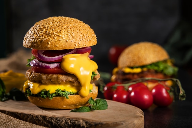 Still life of delicious american hamburger