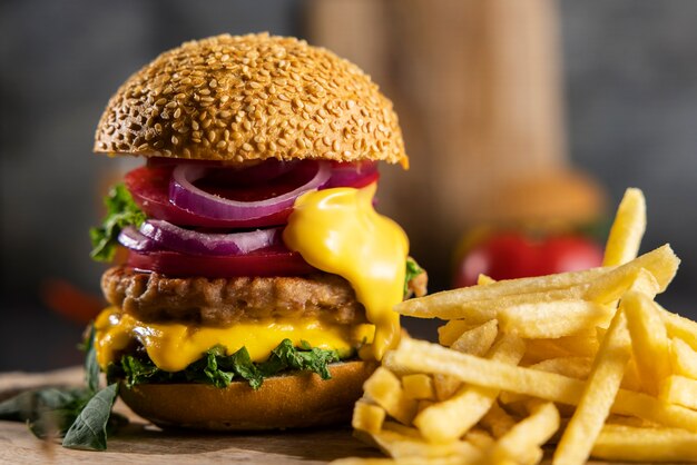 Still life of delicious american hamburger