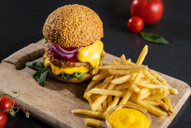 Still life of delicious american hamburger