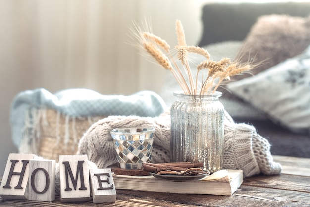 Still life details of home interior on a wooden table