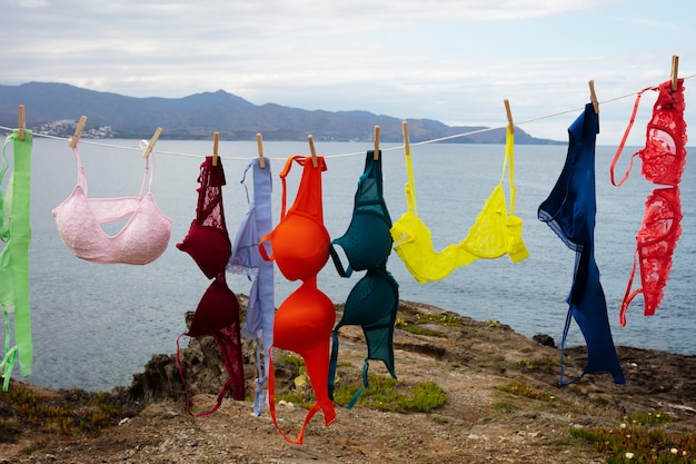 Still life of different types of bras outdoors