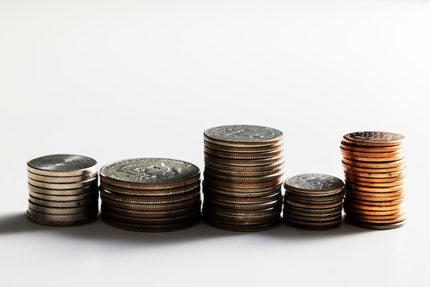 Still life of dollar coins piles