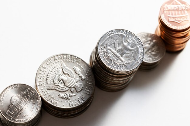 Still life of dollar coins piles