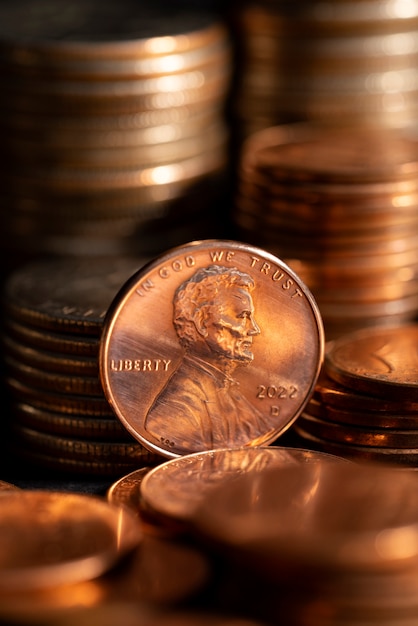 Still life of dollar coins piles