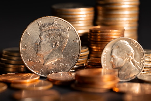 Still life of dollar coins piles