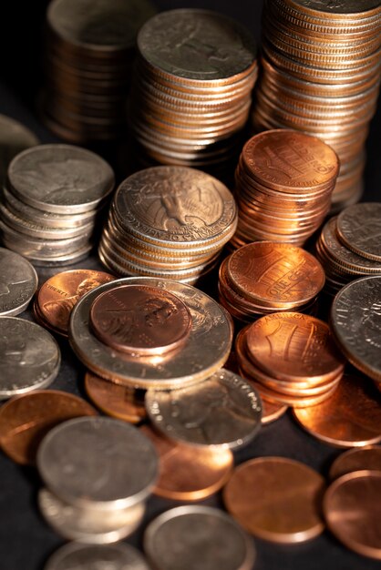 Still life of dollar coins piles