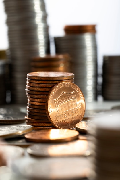 Still life of dollar coins piles