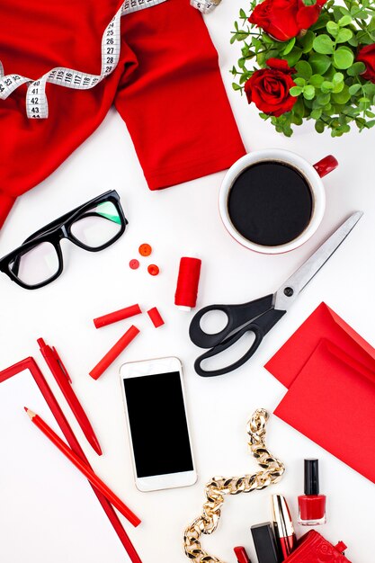 Still life of fashion woman, objects on white