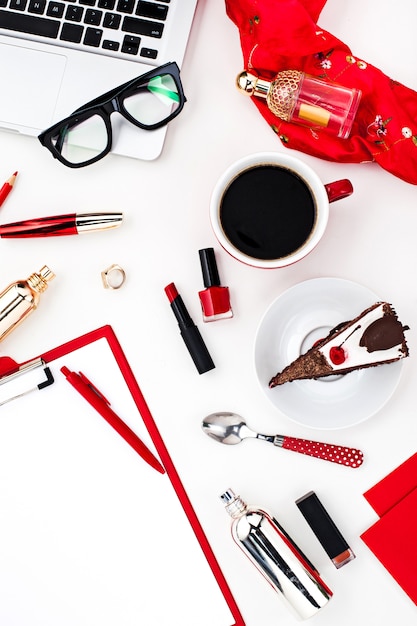 Still life of fashion woman, objects on white