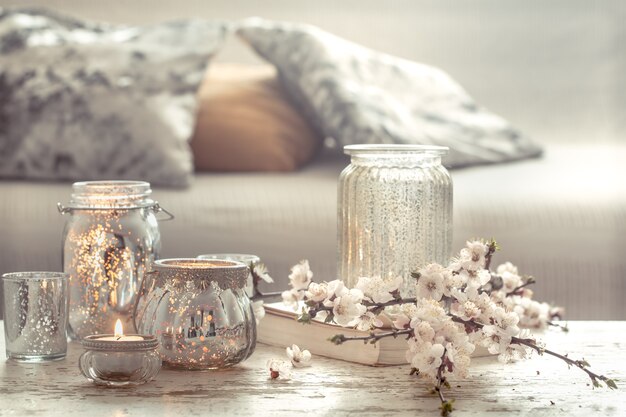 still life flowers with decorative objects in the living room