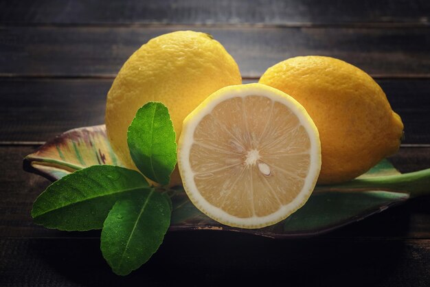 Still Life Fresh Lemon on Vintage Wooden Table