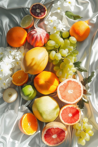 Still life of fruits on tablecloth