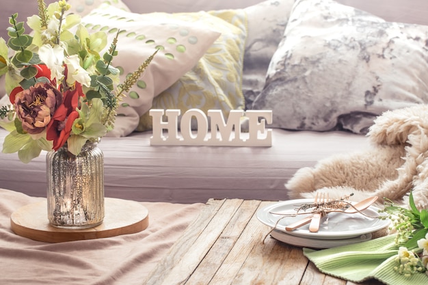 Still life interior with decor items in home living room