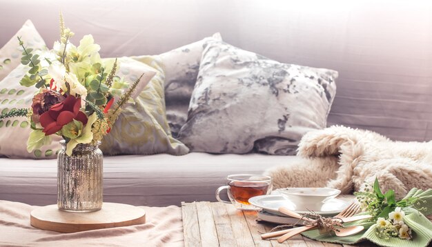 Still life interior with decor items in home living room