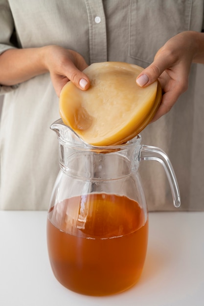 Still life of kombucha bottle