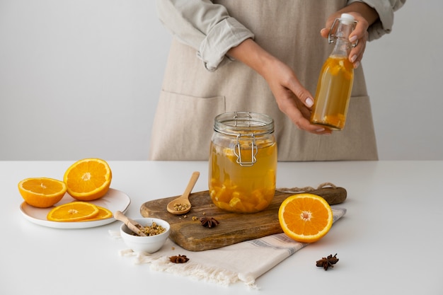 Free photo still life of kombucha bottle