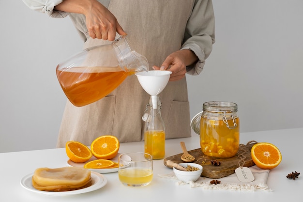 Still life of kombucha bottle