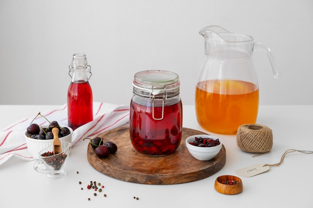 Still life of kombucha bottle