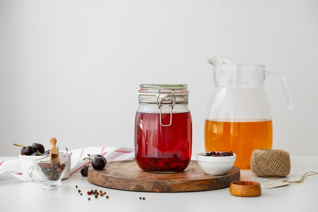 Still life of kombucha bottle