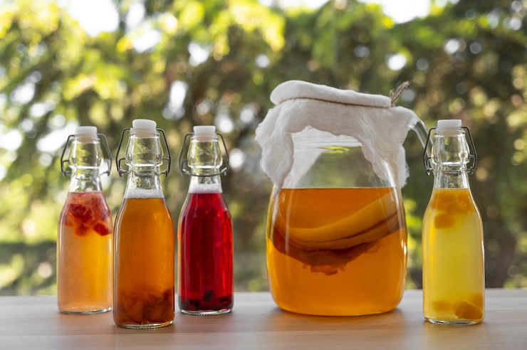 Still life of kombucha bottle