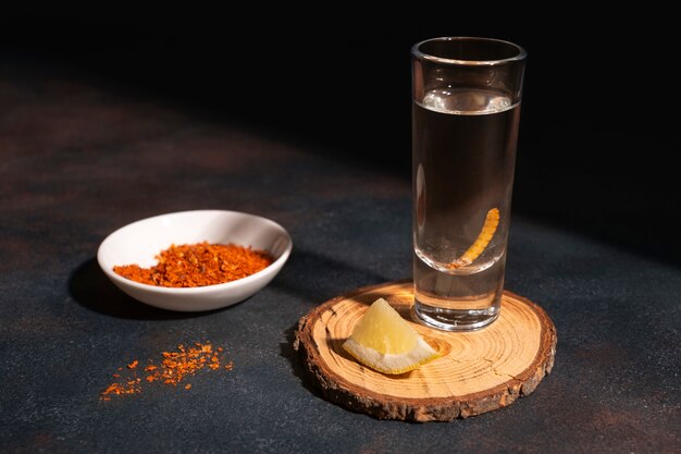 still life of mezcal drink with maguey worm