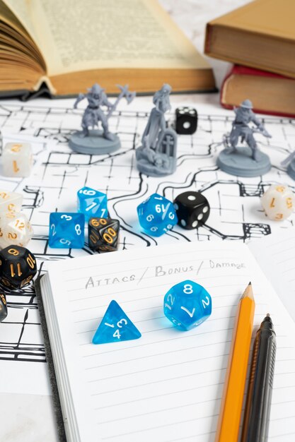 Still life of objects with role playing game sheet