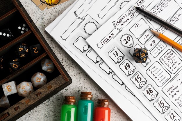 still life of objects with role playing game sheet
