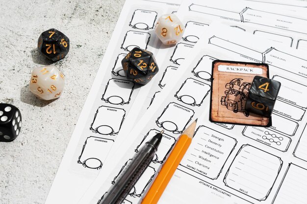 still life of objects with role playing game sheet