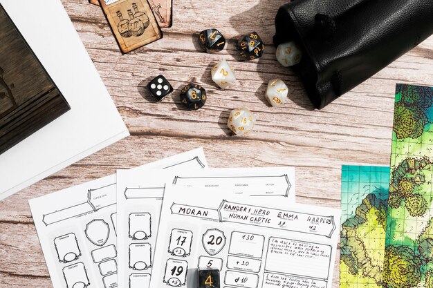 Still life of objects with role playing game sheet