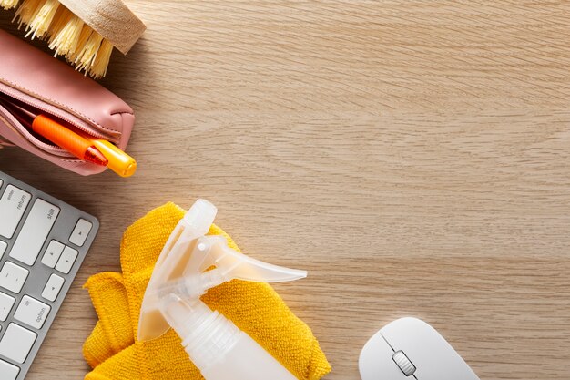 Still life of office cleaning process