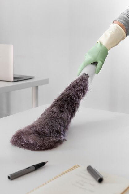 still life of office cleaning process