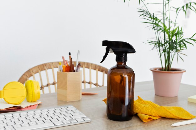 still life of office cleaning process