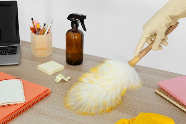 Still life of office cleaning process
