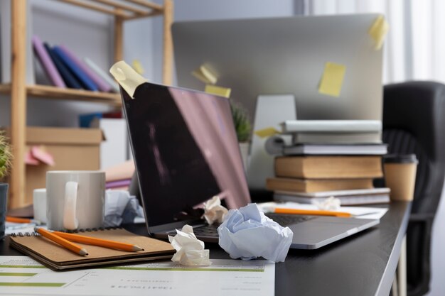 Still life of office desk  mess