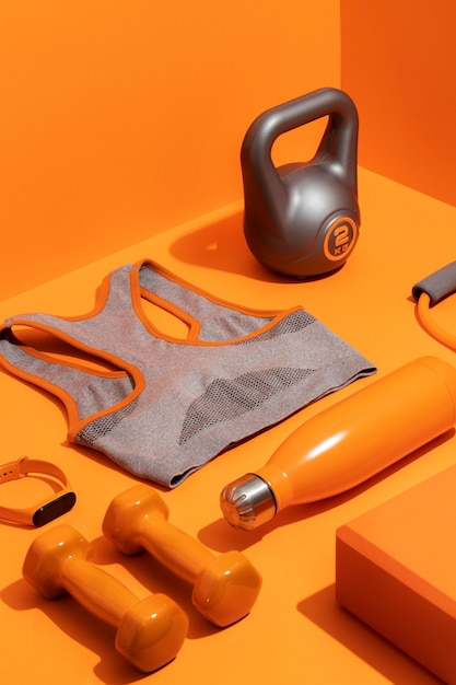 Free photo still life of perfectly ordered  fitness and gym accessories