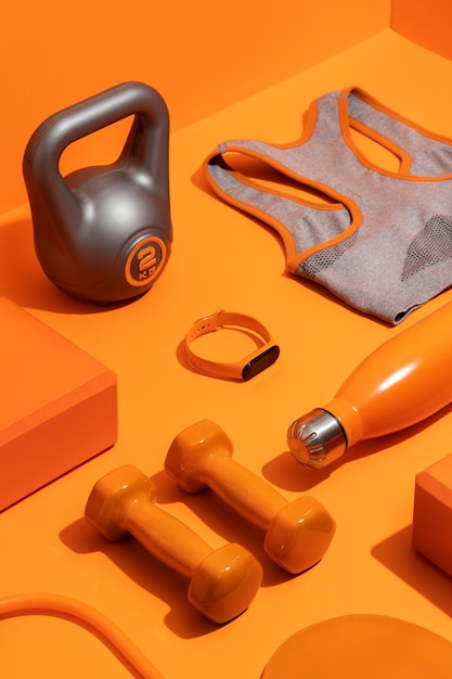 Still life of perfectly ordered  fitness and gym accessories