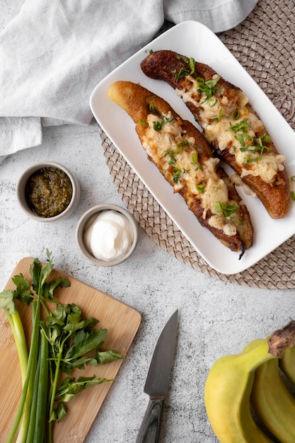 Still life of recipe with plantain banana