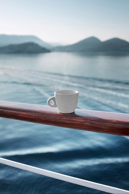 Still life of relaxing coffee cup on terrace