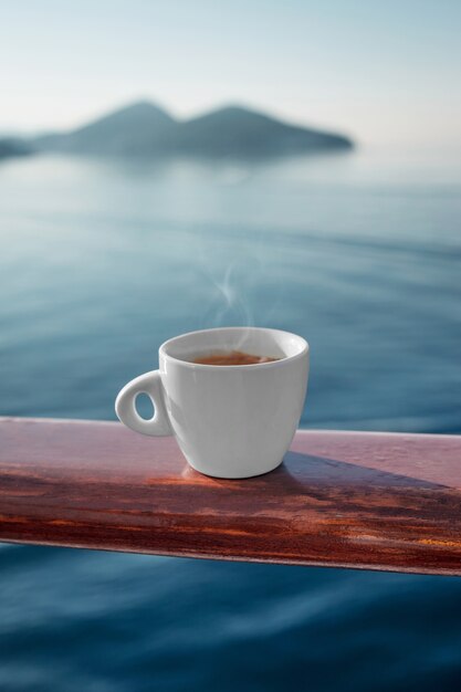 Still life of relaxing coffee cup on terrace