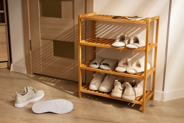 Free photo still life of shoe rack indoors