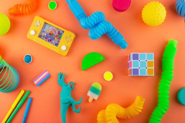 Still life of small decorative objects with vivid colors