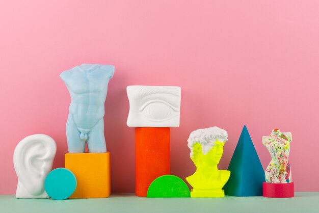 Still life of small decorative objects with vivid colors