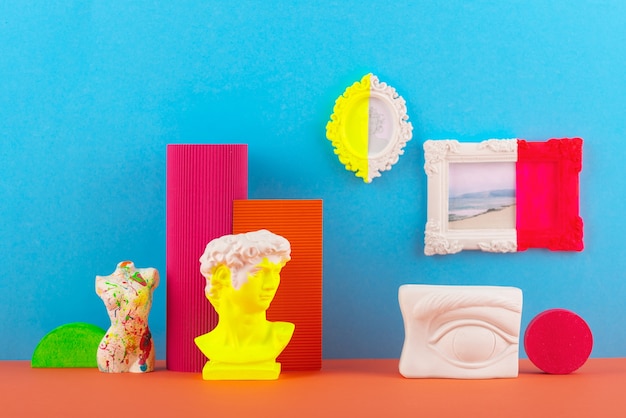 Still life of small decorative objects with vivid colors